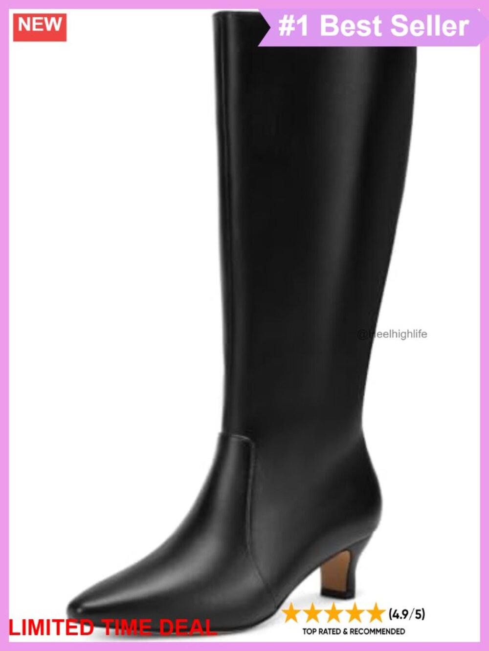 Wide Calf Knee High Boots Kitten Heel Pointed Toe Faux Leather Dress Boots